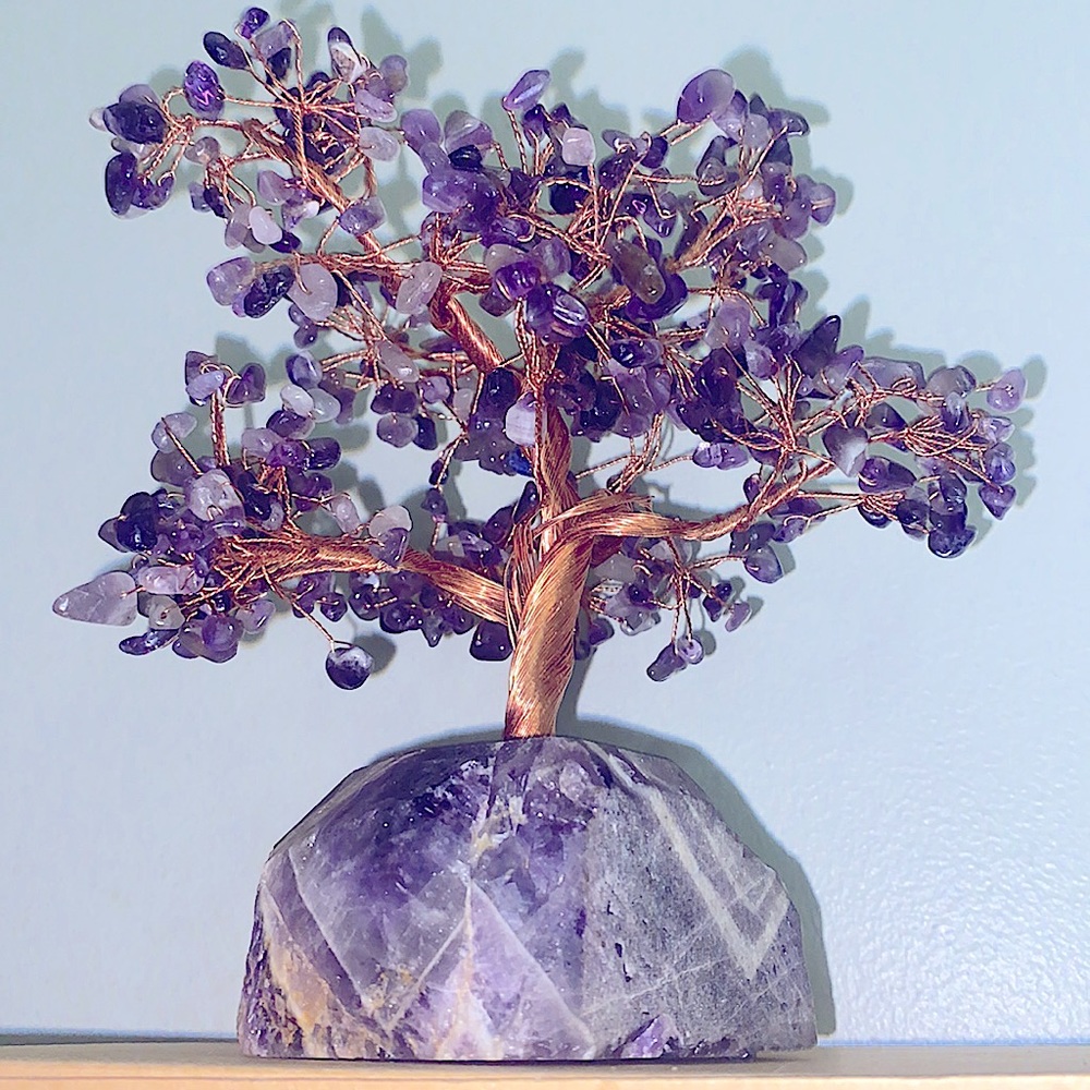 Amethyst Tree with copper wire trunk & Substantial Chevron Amethyst base.